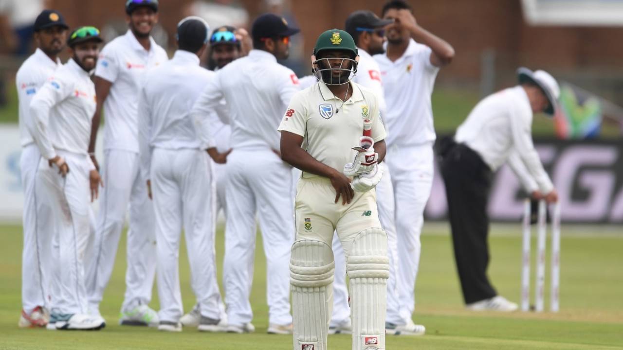 Temba Bavuma was run out for a duck, South Africa v Sri Lanka, 2nd Test, Port Elizabeth, 1st day, February 21, 2019