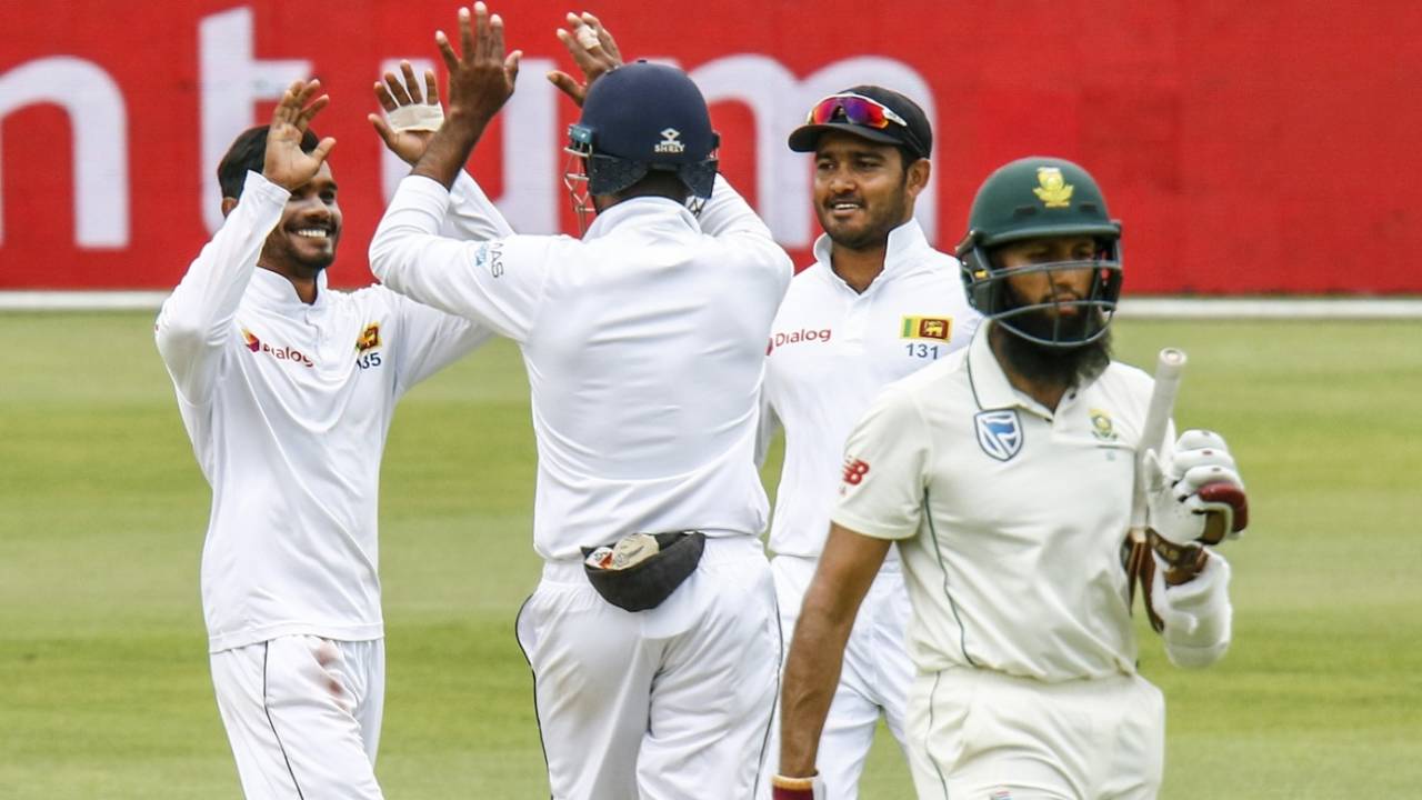 Hashim Amla is dismissed by Dhananjaya de Silva, South Africa v Sri Lanka, 2nd Test, Port Elizabeth, 2nd day, February 22, 2019