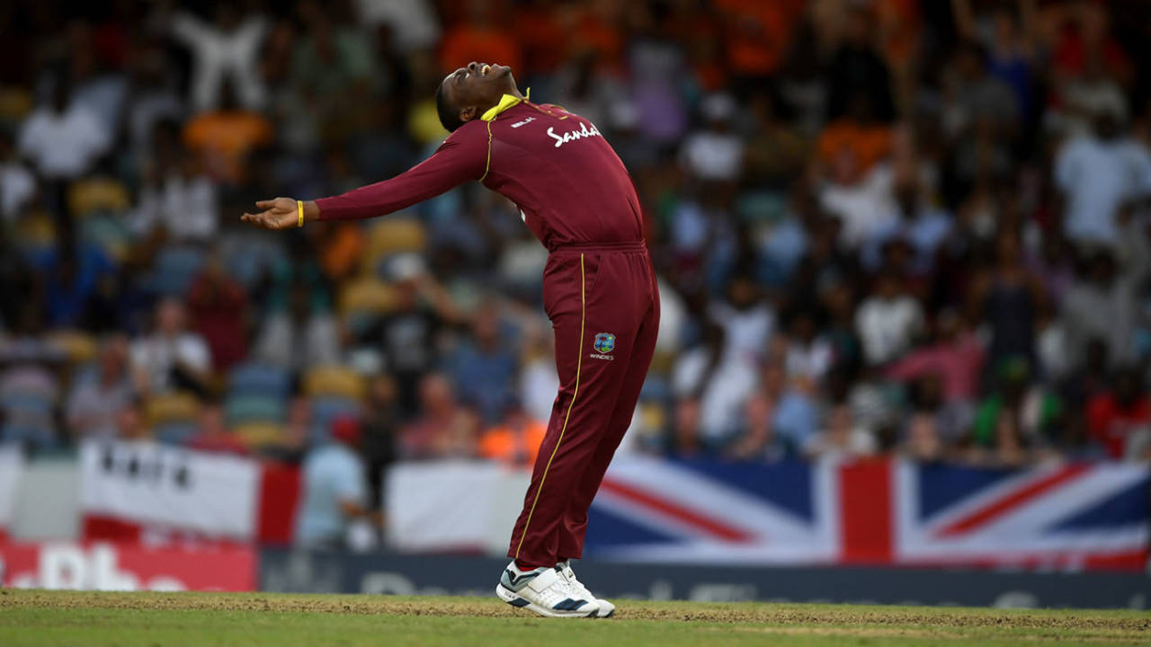 Sheldon Cottrell explodes in joy after taking another wicket, West Indies v England, 2nd ODI, Barbados, February 22, 2019