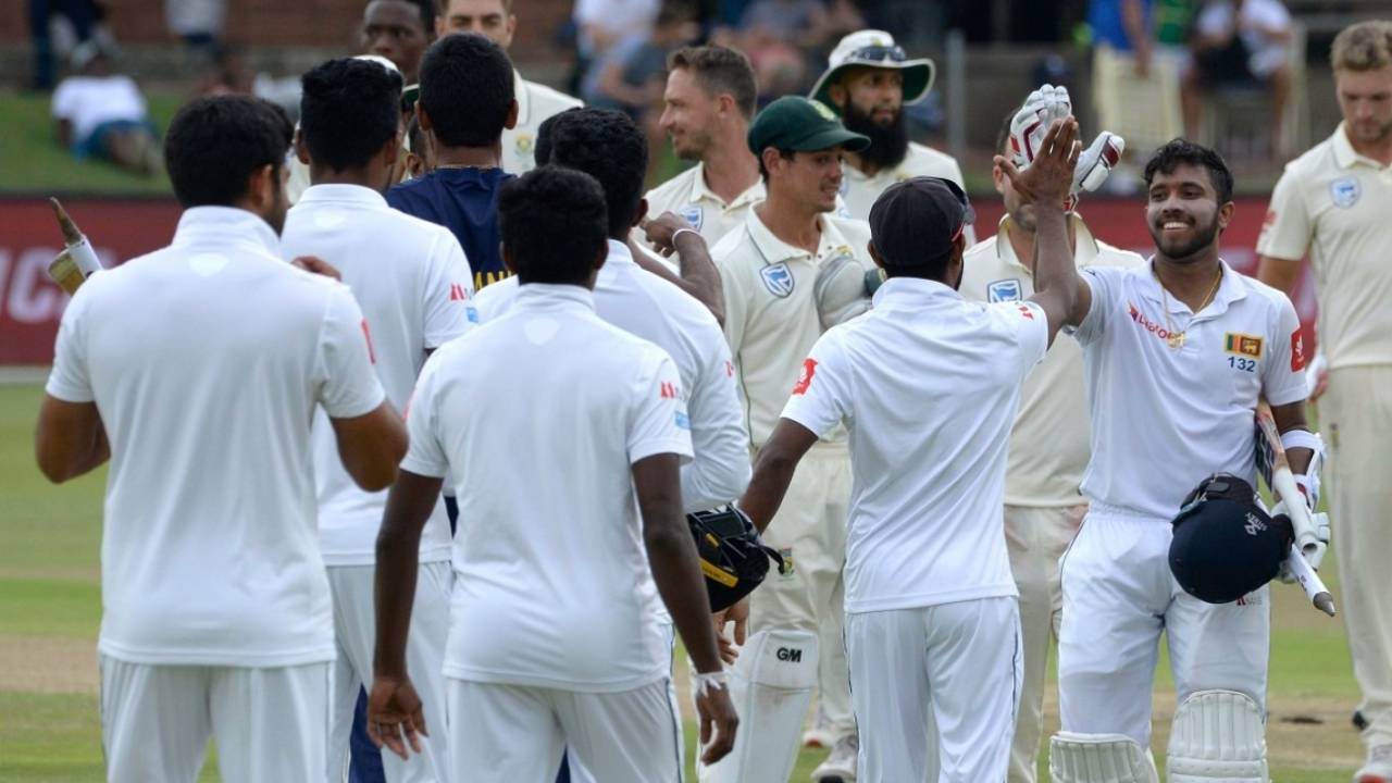 The Sri Lankans celebrate their eight-wicket win in Port Elizabeth, South Africa v Sri Lanka, 2nd Test, Port Elizabeth, 3rd day, February 23, 2019