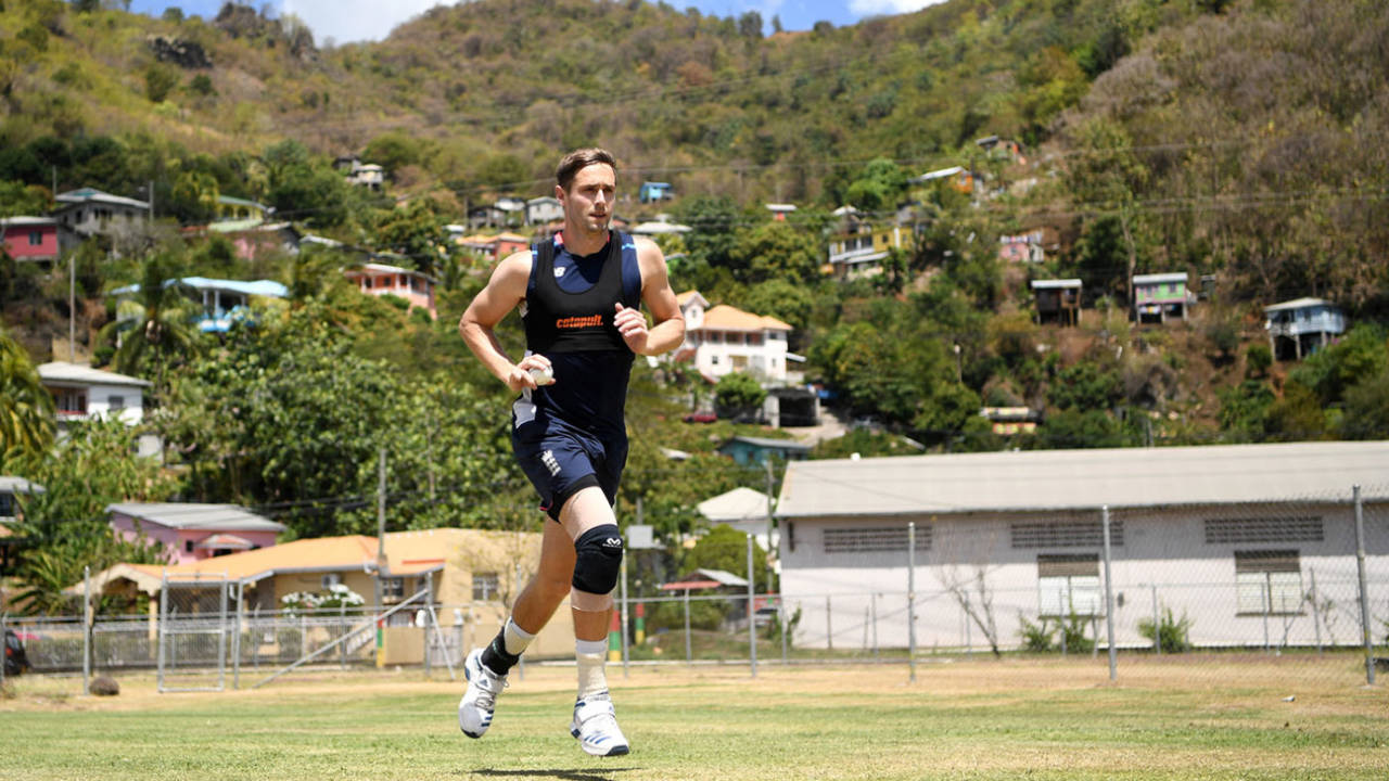 Chris Woakes runs in to bowl during a nets session at the National Cricket Stadium, Grenada, February 24, 2019