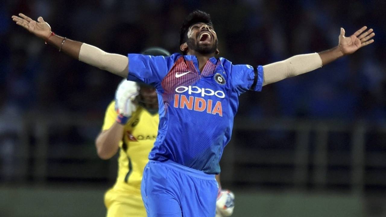 Jasprit Bumrah celebrates a wicket, India v Australia, 1st T20I, Visakhapatnam, February 24, 2019