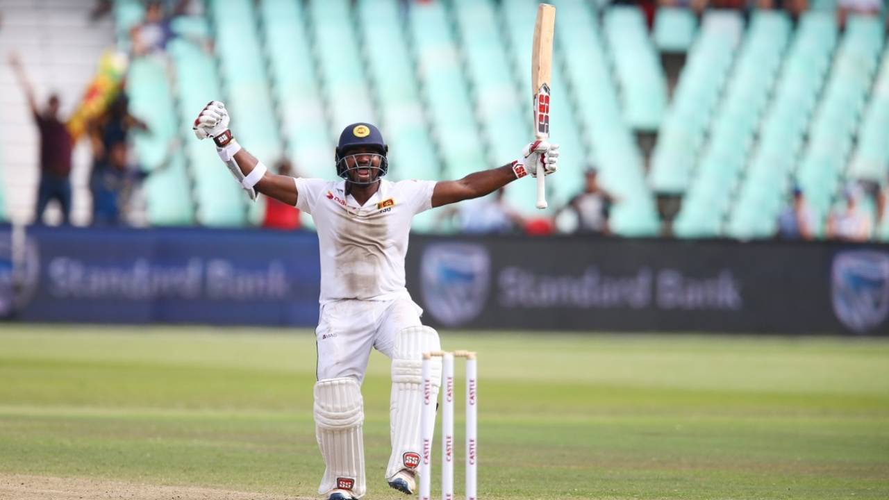 An ecstatic Kusal Perera after taking Sri Lanka to an improbable win, South Africa v Sri Lanka, 1st Test, Durban, 4th day, February 16, 2019