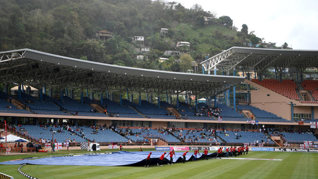 Groundstaff bring on the covers as rain delays the start, West Indies v England, 3rd ODI, Grenada, February 25, 2019