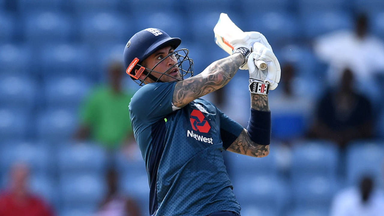 Alex Hales swings across the line, West Indies v England, 4th ODI, Grenada, February 27, 2019