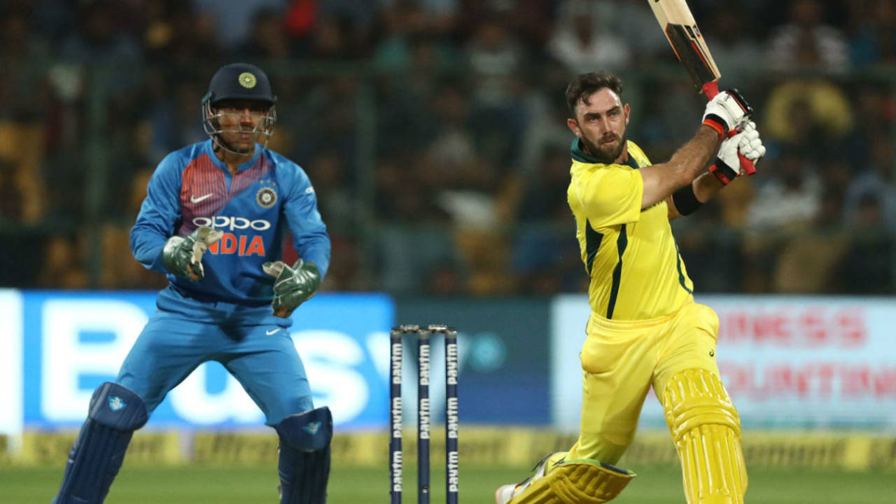 Glenn Maxwell drills one down the ground, India v Australia, 2nd T20I, Bengaluru, February 27, 2019


