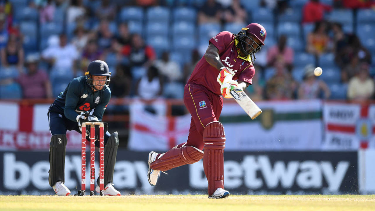 Chris Gayle launches one down the ground, West Indies v England, 4th ODI, Grenada, February 27, 2019