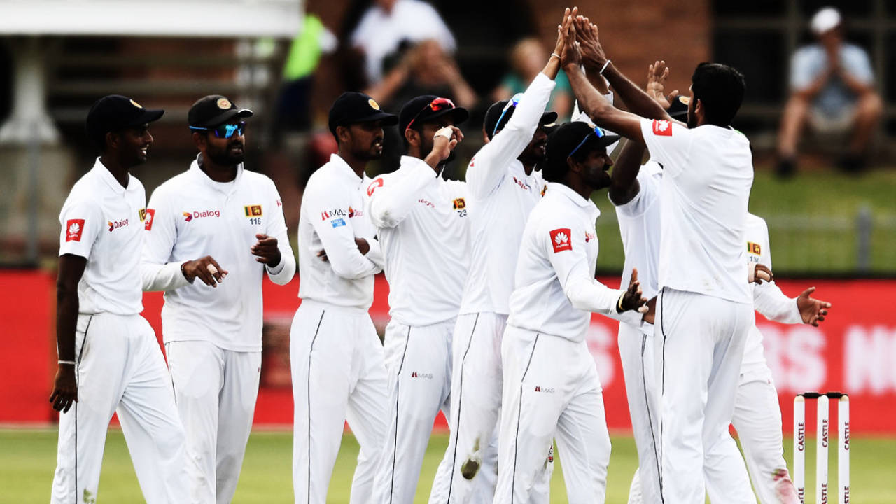 Sri Lankan players celebrate a wicket, South Africa v Sri Lanka, 2nd Test, Port Elizabeth, 1st day, February 21, 2019