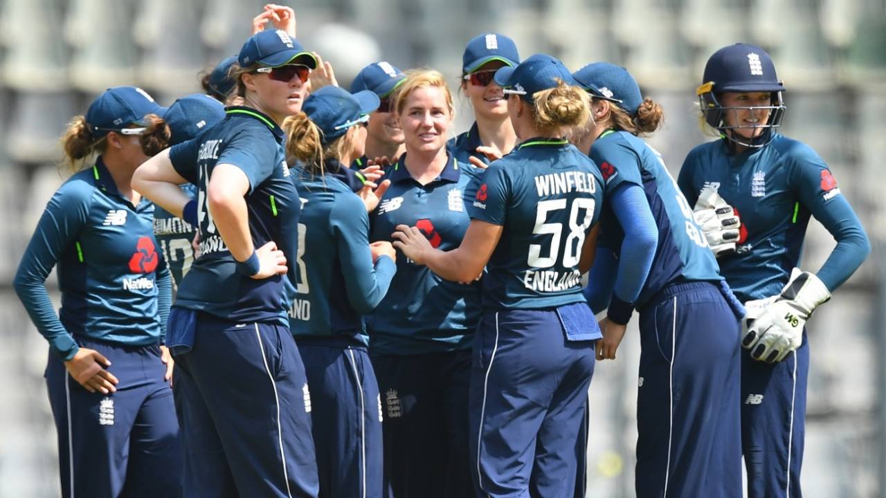 Katherine Brunt celebrates with her team-mates after a wicket, India Women v England Women, 3rd ODI, Mumbai, February 28, 2019