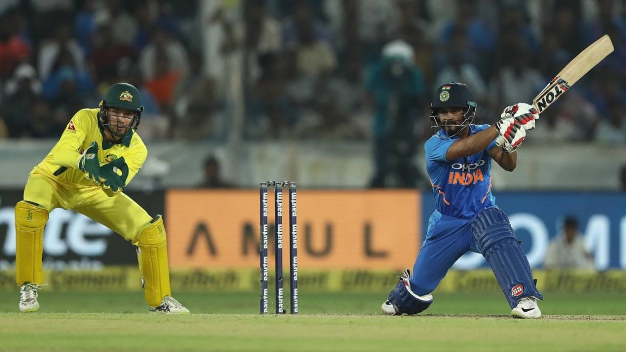 Kedar Jadhav flays one through the off side, India v Australia, 1st ODI, Hyderabad, March 2, 2019