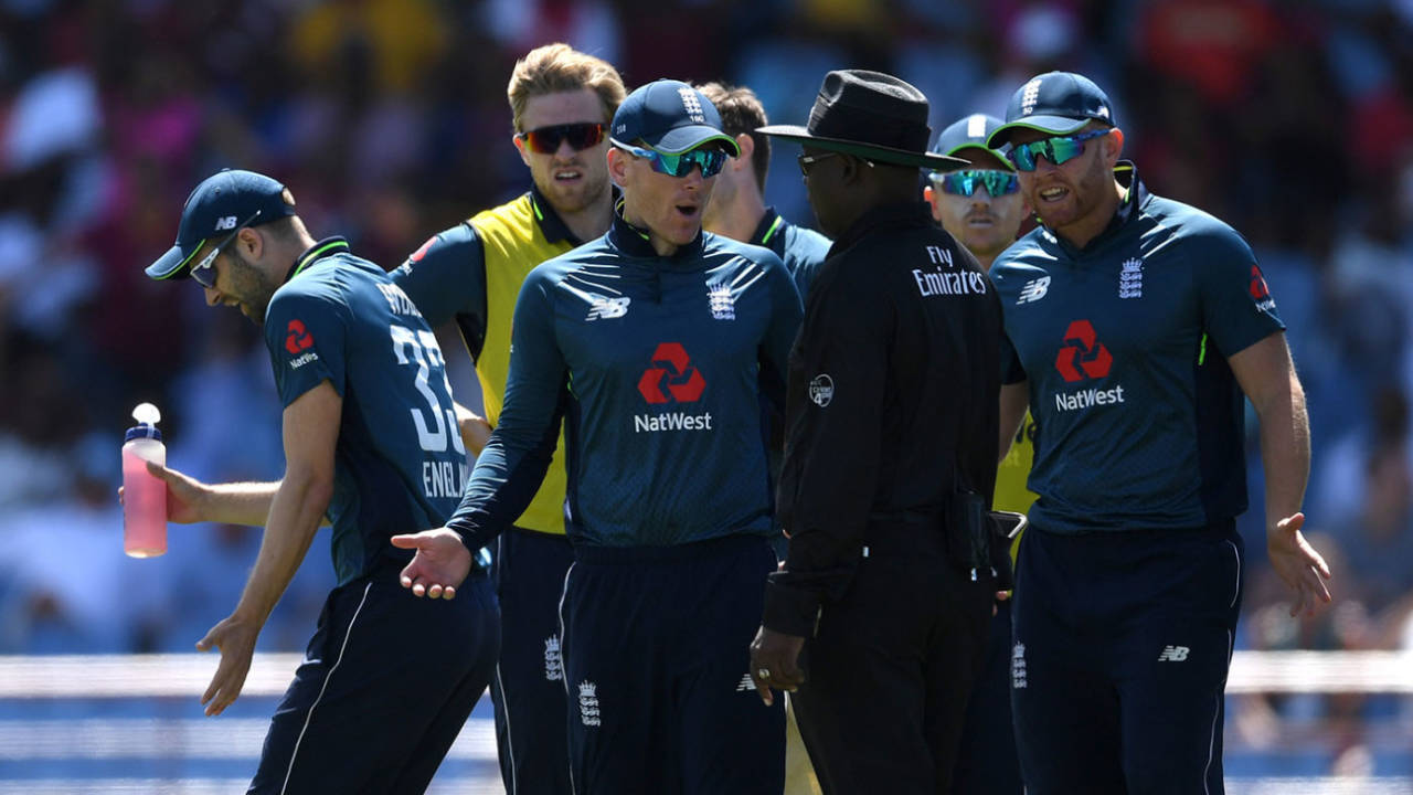 Eoin Morgan and his players react to a no-ball call by the third umpire, West Indies v England, 5th ODI, St Lucia, March 2, 2019 
