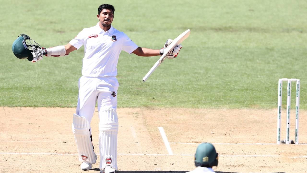 Soumya Sarkar celebrates scoring his maiden Test century, New Zealand v Bangladesh, 1st Test, Hamilton, 4th day, March 3, 2019