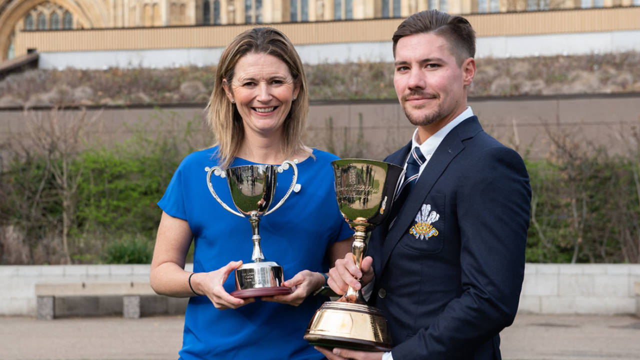 Charlotte Edwards of Hampshire with the Lady Taverners ECB Trophy and Surrey's Rory Burns with the Lord's Taverners ECB Trophy, London, March 5, 2019
