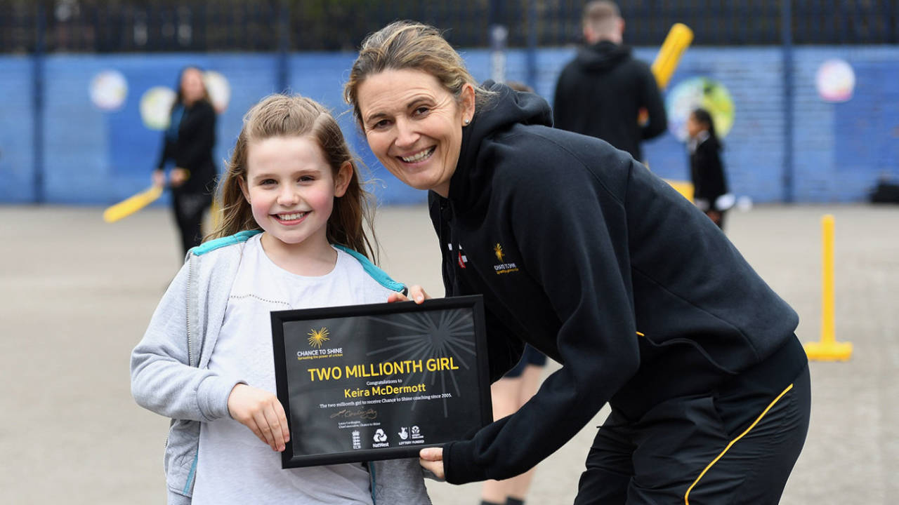 Charlotte Edwards with Keira McDermott, the two millionth girl to come through Chance to Shine's schools programme, March 8, 2019