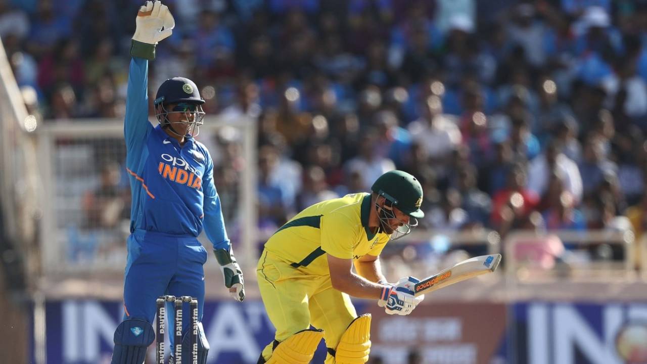 Aaron Finch eventually fell to Kuldeep Yadav after attempting a sweep, India v Australia, 3rd ODI, Ranchi, March 8, 2019