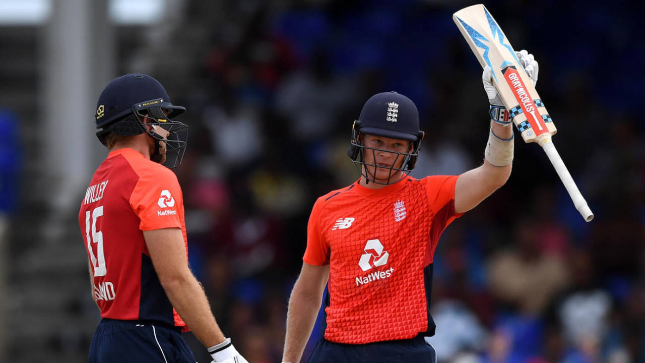 Sam Billings raises his bat on reaching fifty, West Indies v England, 2nd T20I, , St Kitts, March 8, 2019