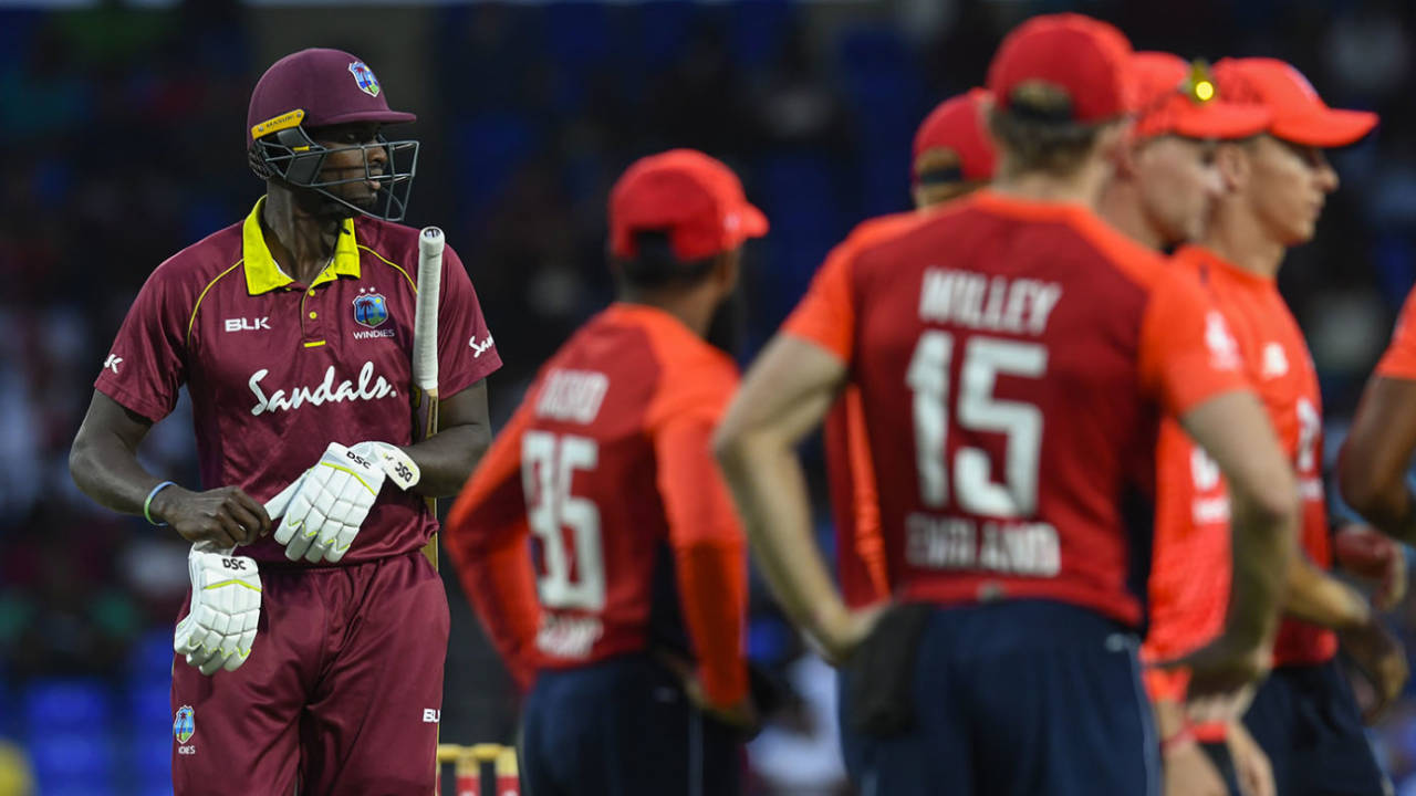 Jason Holder walks off after making a golden duck, West Indies v England, 2nd T20I, , St Kitts, March 8, 2019