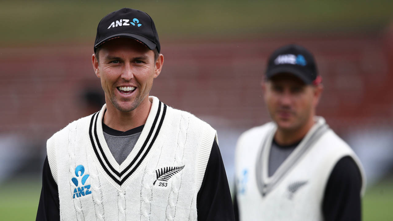 Trent Boult and Neil Wagner warm up at the Basin Reserve, New Zealand v Bangladesh, 2nd Test, Wellington, 2nd day, March 9, 2019