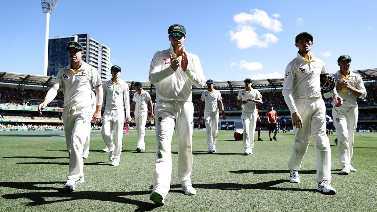 David Warner, Steven Smith and Cameron Bancroft walk out of the ground along with their team-mates, Australia v England, 1st Test, Brisbane, 4th day, November 26, 2017