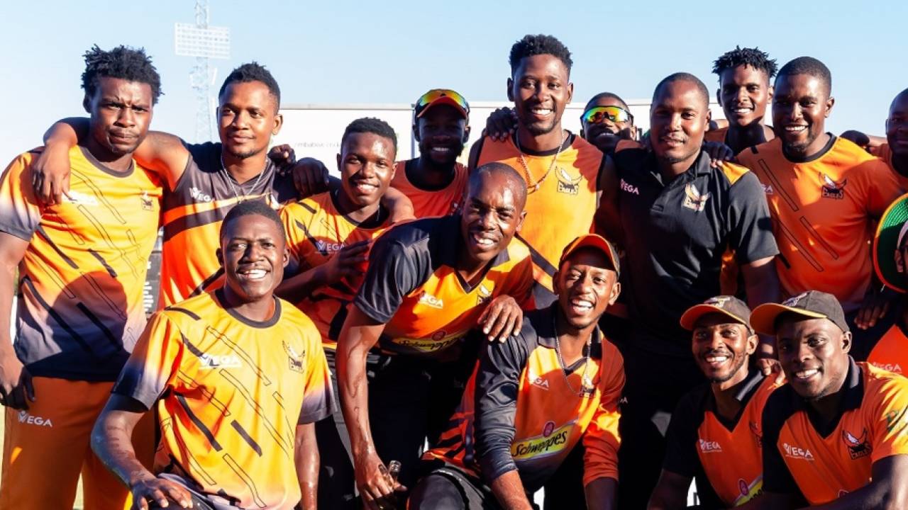 The Eagles players and technical stuff celebrate with the Pro50 Championship Trophy, Mashonaland Eagles v Matabeleland Tuskers, Pro50 Championship final, Harare, March 9, 2019