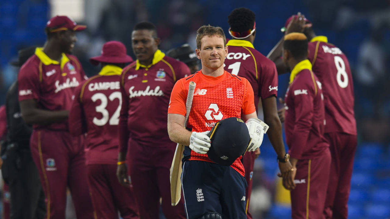 Eoin Morgan leaves the field after sealing England's 3-0 clean sweep, West Indies v England, 3rd T20I, St Kitts, March 10, 2019