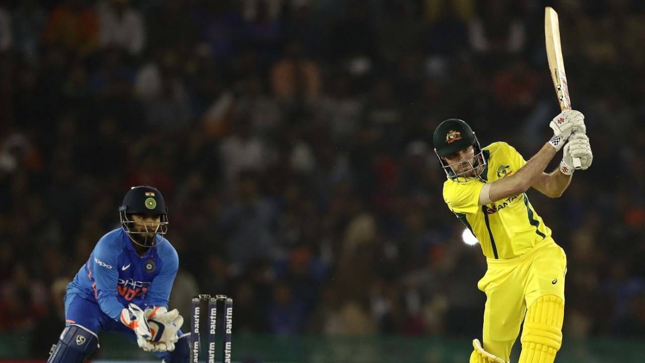 Ashton Turner hits one down the ground, India v Australia, 4th ODI, Mohali, March 10, 2019