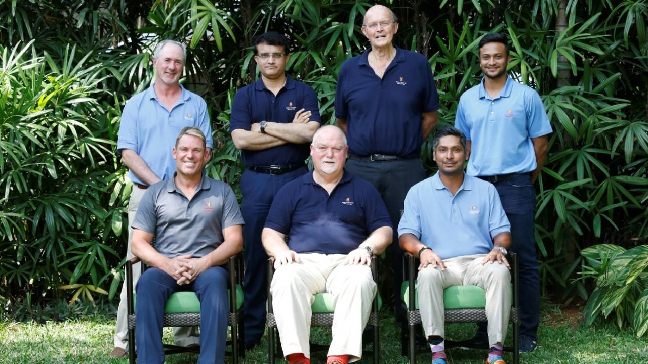 Sourav Ganguly, Vince van der Bijl, Shakib Al Hasan (standing), Shane Warne, Mike Gatting and Kumar Sangakkara (sitting) at the MCC World Committee meeting, Bengaluru, March 8, 2019