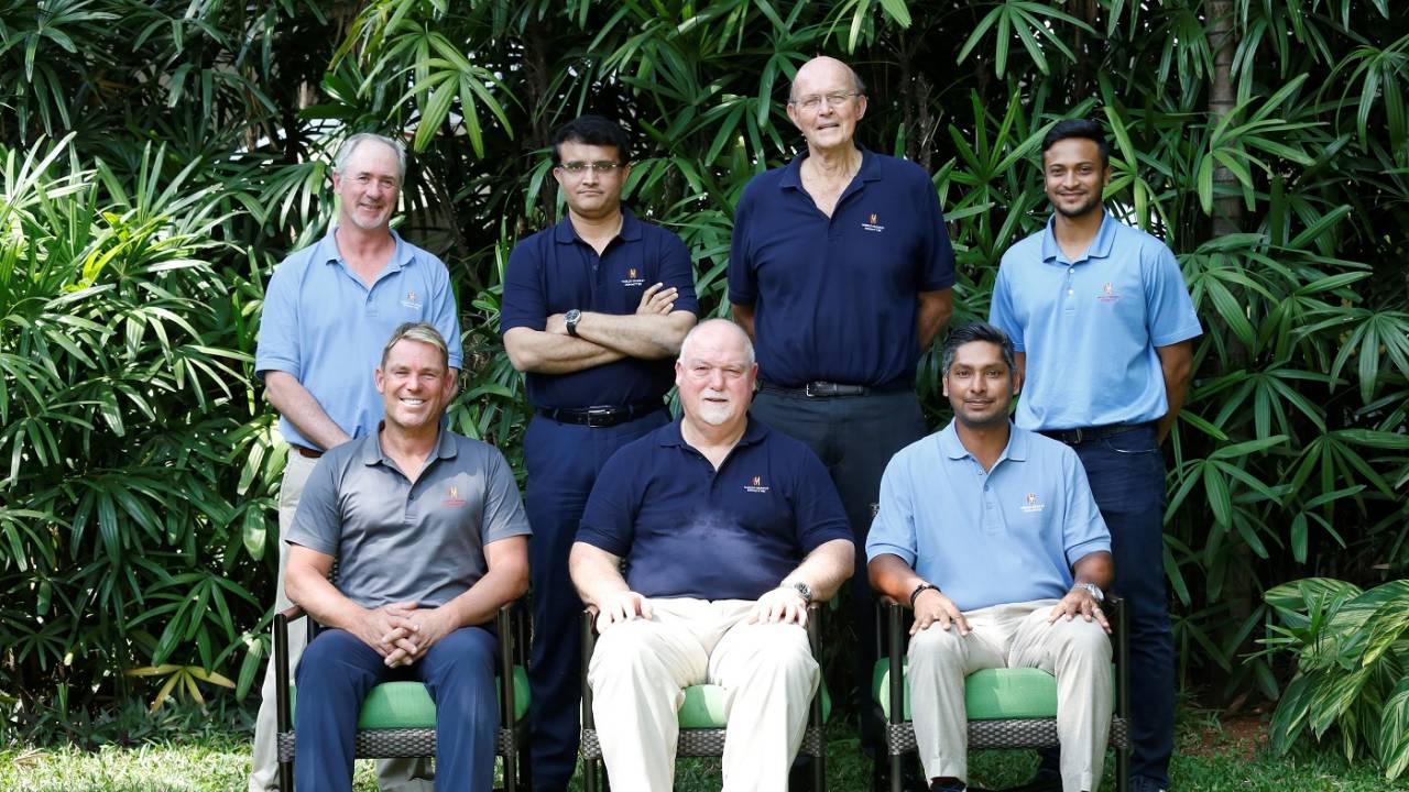 Tim May, Sourav Ganguly, Vince van der Bijl, Shakib Al Hasan (standing), Shane Warne, Mike Gatting and Kumar Sangakkara (sitting) at the MCC World Committee meeting
