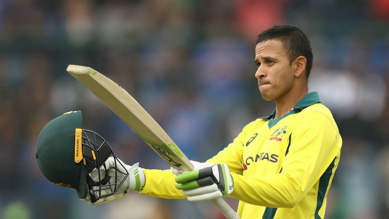 Usman Khawaja after bringing up his second century on tour, India v Australia, 5th ODI, New Delhi, March 13, 2019