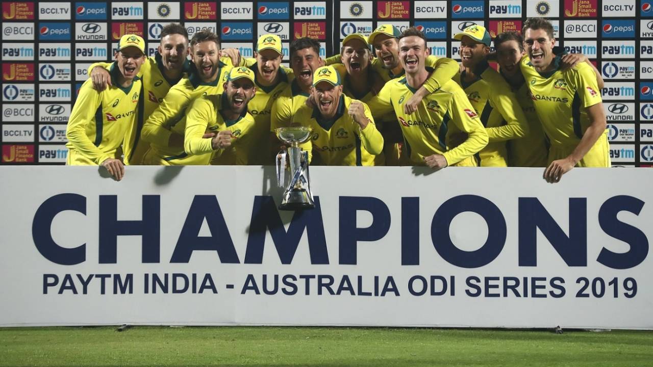 The victorious Australian team poses with the trophy after winning the series, India v Australia, 5th ODI, New Delhi, March 13, 2019