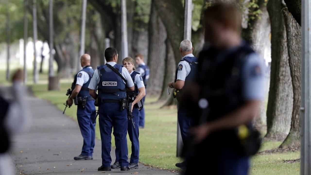 Police keep watch at a park across the road from the mosque, Christchurch, March 15, 2019
