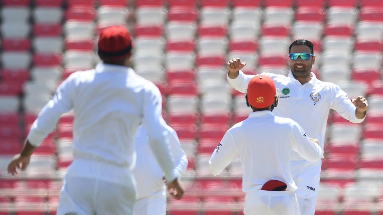 Mohammad Nabi celebrates a wicket, Afghanistan v Ireland, Only Test, 1st day, Dehradun, March 15, 2019