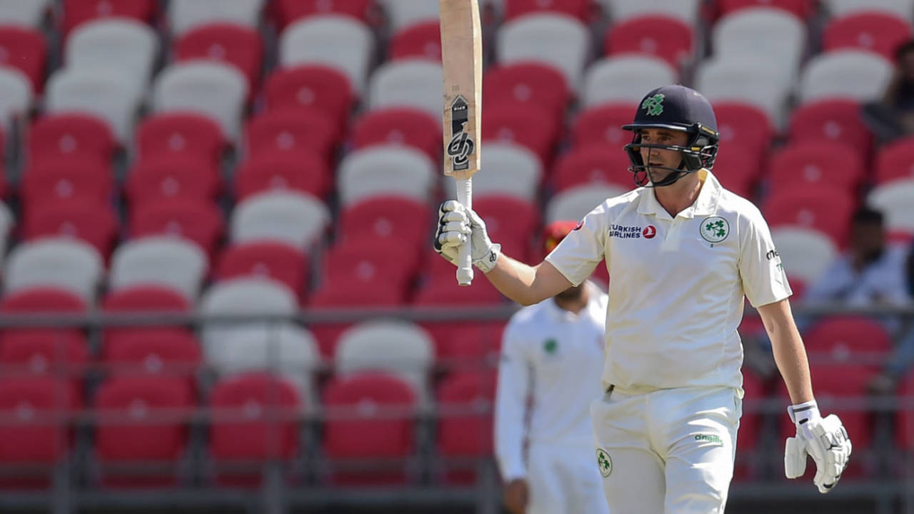 Tim Murtagh raises his bat after reaching fifty, Afghanistan v Ireland, Only Test, 1st day, Dehradun, March 15, 2019