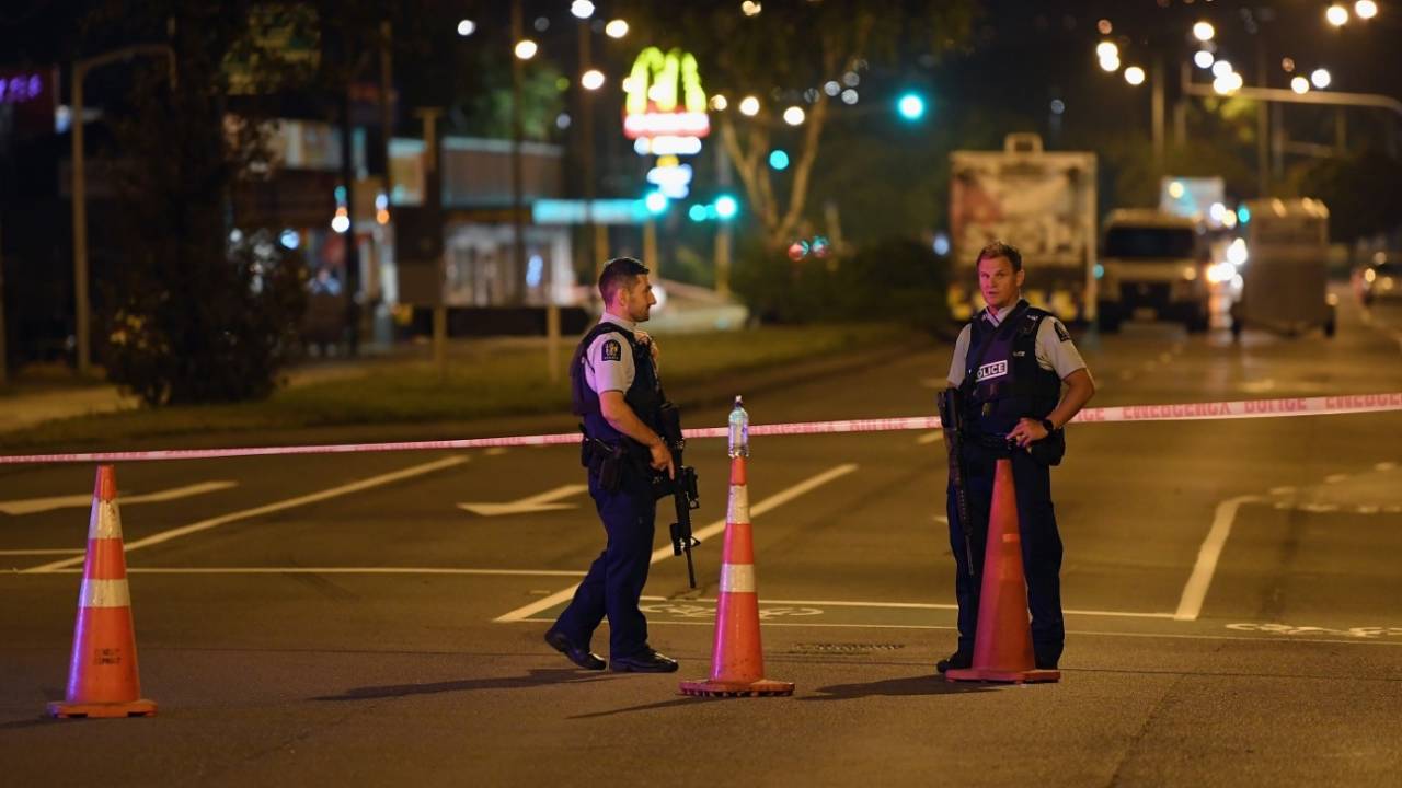 Security officers continued to maintain a cordon around the site of one of the attacks, Christchurch, March 15, 2019