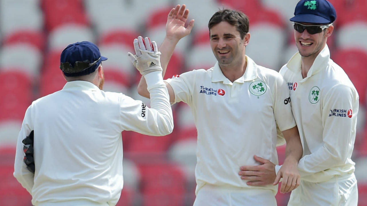 Tim Murtagh celebrates a wicket during Ireland's Test against Afghanistan in Dehradun&nbsp;&nbsp;&bull;&nbsp;&nbsp;Getty Images
