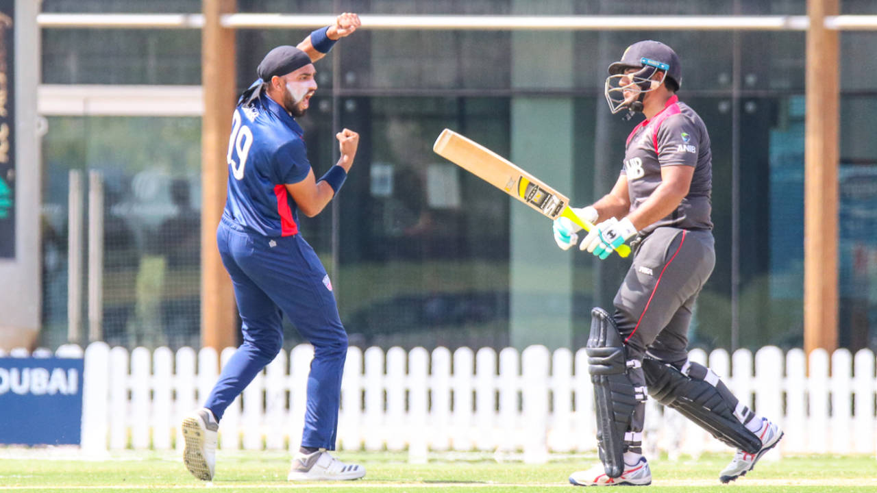Jessy Singh celebrates after getting Ashfaq Ahmed to edge behind, UAE v USA, 2nd T20I, Dubai, March 16, 2019