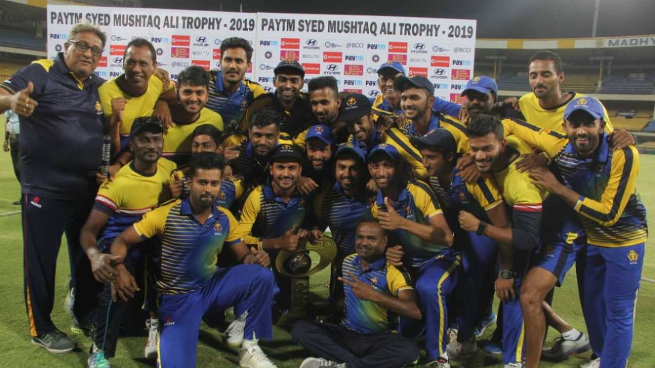 The Karnataka team poses with the Syed Mushtaq Ali Trophy, Karnataka v Maharashtra, Syed Mushtaq Ali Trophy, final, Indore, March 14, 2019