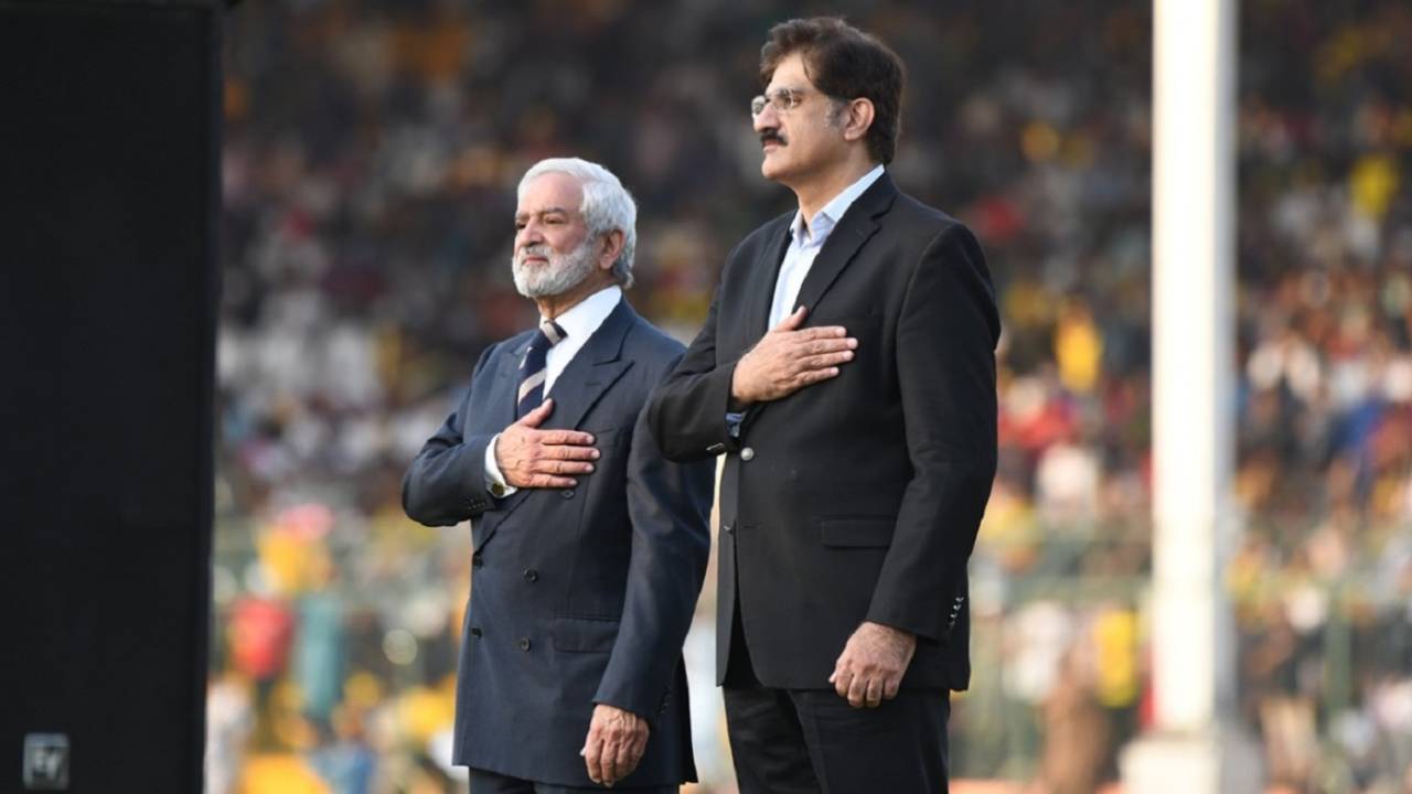 PCB chairman Ehsan Mani in attendance with Sindh's chief minister at the PSL final, Peshawar Zalmi v Quetta Gladiators, PSL 2019 final, Karachi, March 17, 2019