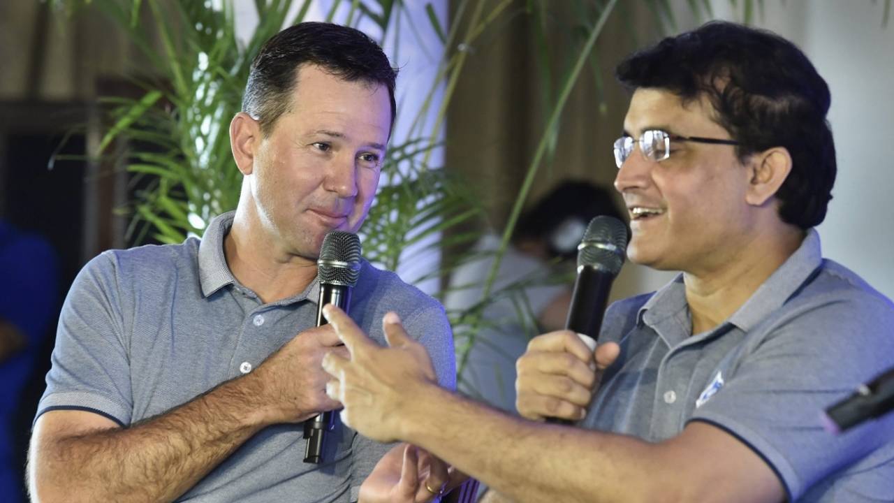 Ricky Ponting and Sourav Ganguly, coach and advisor with Delhi Capitals respectively, share a laugh at a press event&nbsp;&nbsp;&bull;&nbsp;&nbsp;PTI 