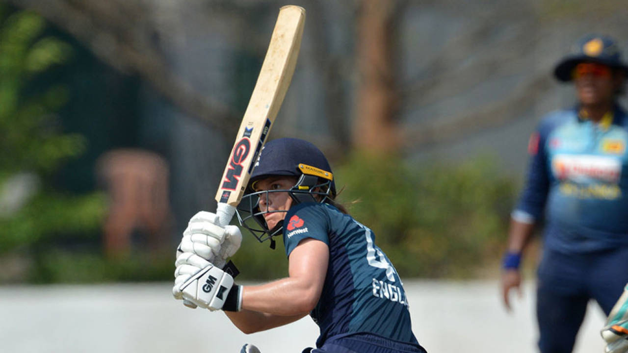 England's Amy Jones plays a shot during the third one day international against Sri Lanka at the Chilaw Marians Grounds in Katunayake, March 21, 2019