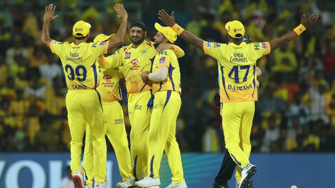 CSK celebrate with Harbhajan Singh after his wickets, Chennai Super Kings v Royal Challengers Bangalore, Chennai, IPL 2019, March 23, 2019