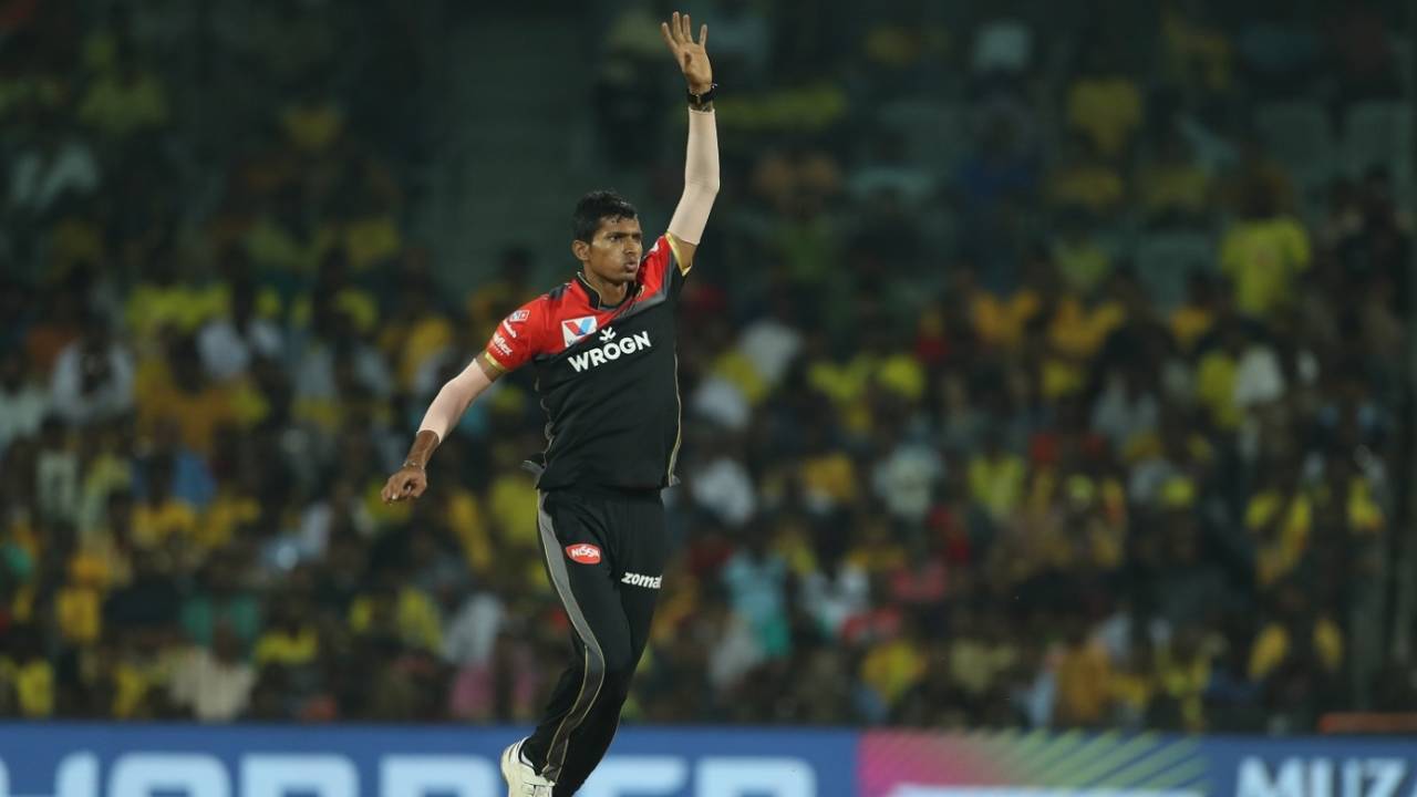 Navdeep Saini reacts after bowling, Chennai Super Kings v Royal Challengers Bangalore, Chennai, IPL 2019, March 23, 2019