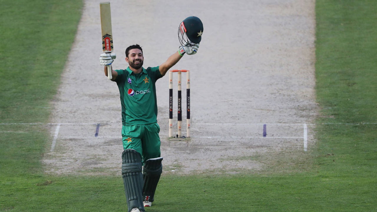 Mohammad Rizwan celebrates his maiden ODI hundred, Pakistan v Australia, 2nd ODI, Sharjah, March 24, 2019