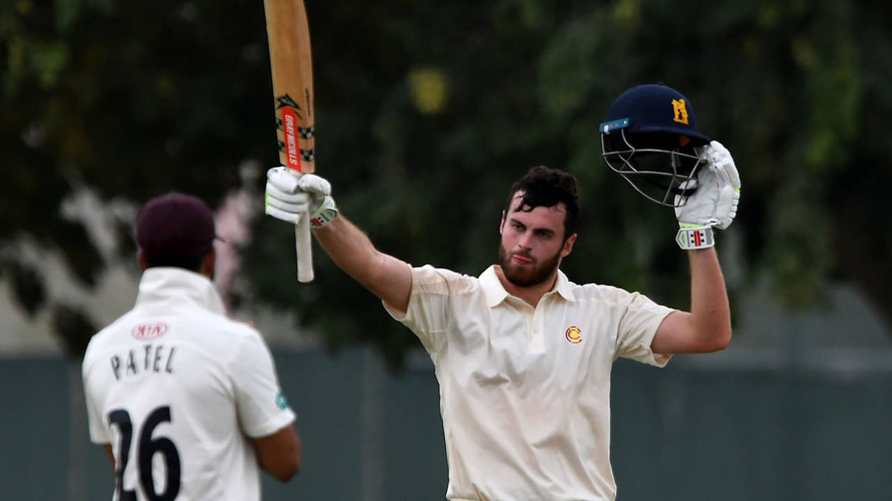 Dom Sibley brings up his hundred for MCC v Surrey, County Champion match, day three, Dubai, March 26, 2019