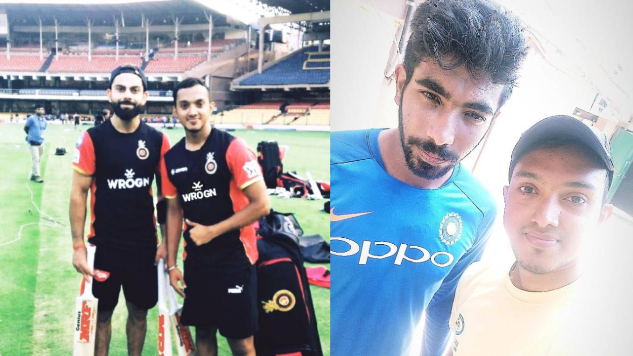 Mahesh Kumar poses with Virat Kohli, and with Jasprit Bumrah, Bengaluru, March 26, 2019