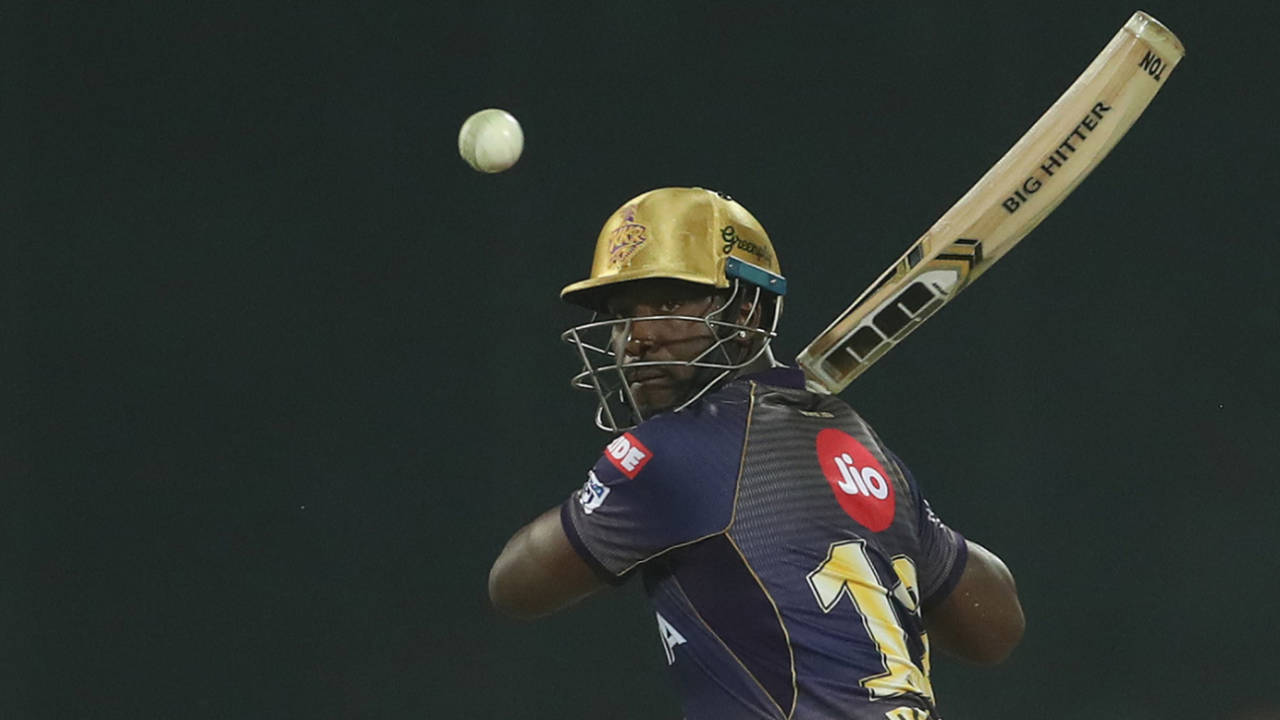 Andre Russell keeps his eyes on the ball, Delhi Capitals v Kolkata Knight Riders, IPL 2019, Delhi, March 30, 2019