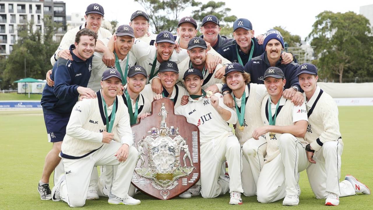 Victoria celebrate the  Sheffield Shield 2018-19 title win, their fourth in the last five years, Victoria v NSW, Sheffield Shield 2018-19, final, 4th day, Melbourne, March 31, 2019