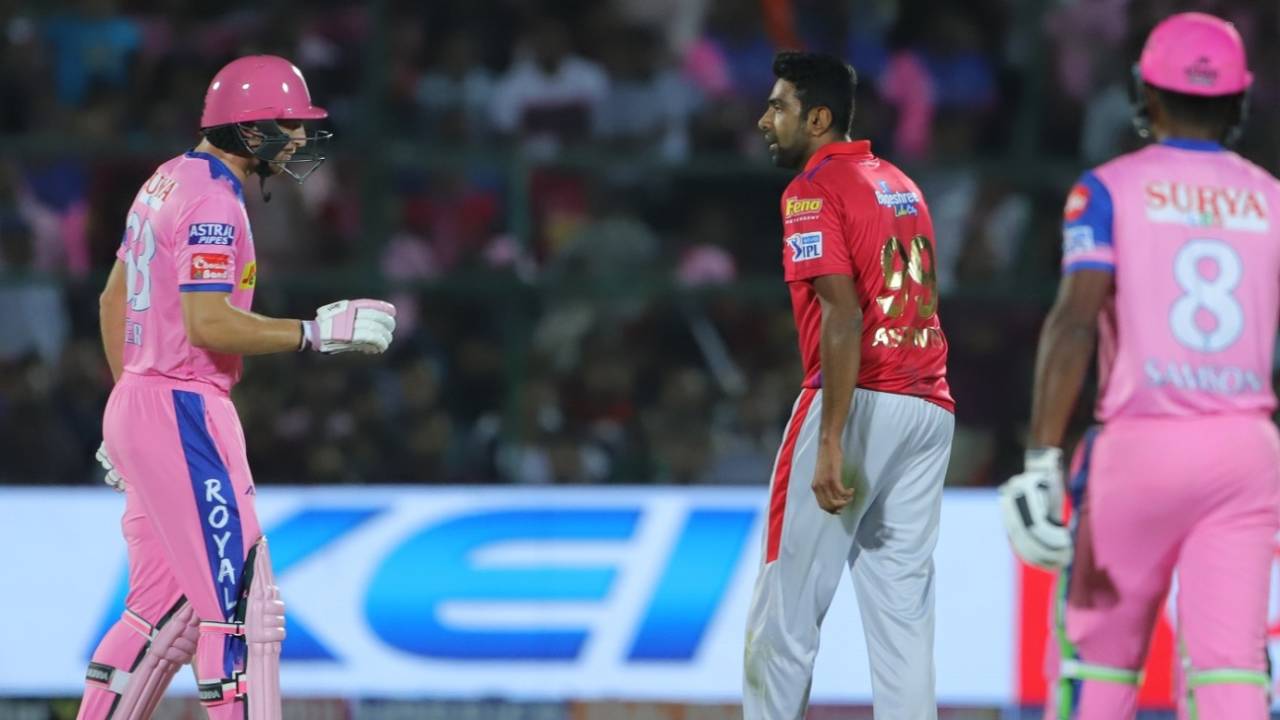 Jos Buttler and R Ashwin have an exchange after the mankading incident, Rajasthan Royals v Kings XI Punjab, Indian Premier League 2019, Jaipur, March 25, 2019