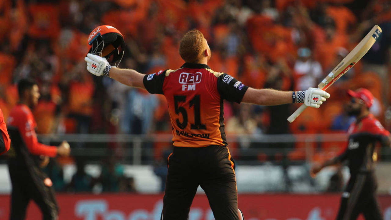 Jonny Bairstow lets it sink in after getting his maiden IPL ton, Sunrisers Hyderabad v Royal Challengers Bangalore, IPL 2019, Hyderabad, March 31, 2019