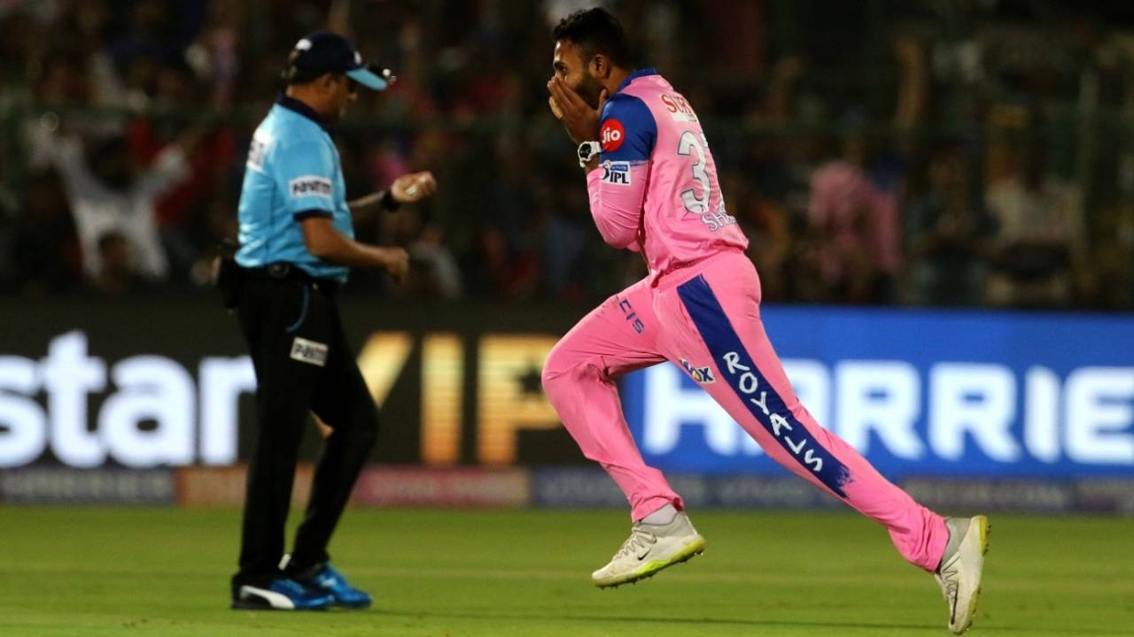 Shreyas Gopal goes on a celebratory run after picking up a wicket, Rajasthan Royals v Royal Challengers Bangalore, IPL 2019, Jaipur, April 2, 2019